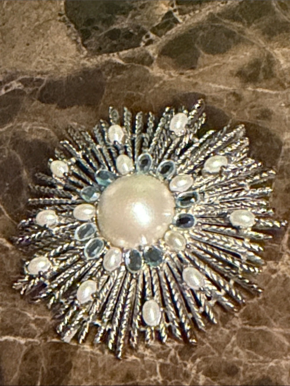 Talbots sunburst silver tone with white pearls and lice blue crystals large